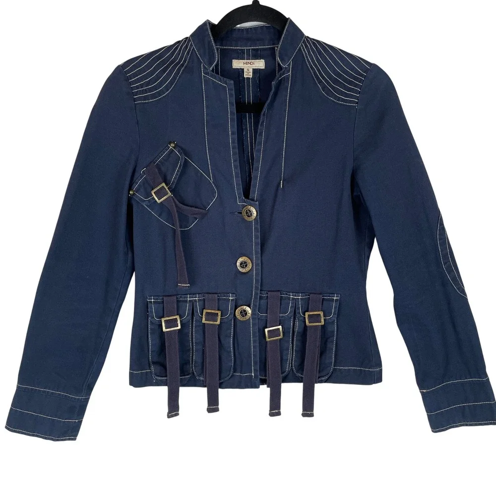 HENDI Women Navy Cotton Military Style Jacket Size S Button Front Pocket Details